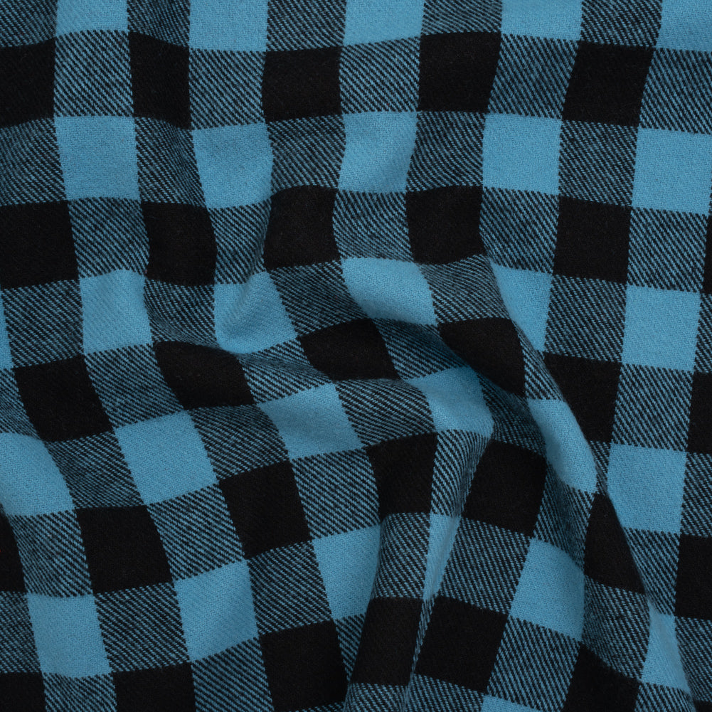 Yarn-Dyed Cotton Twill Flannel - Small Sky Blue and Black Buffalo Check - Deadstock