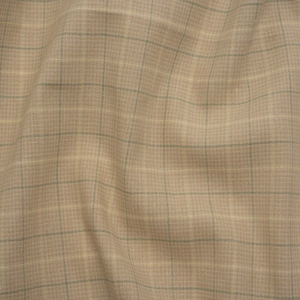 Medium Weight Linen Woven - Beige and Sage Green Windowpane Tattersall Check Plaid