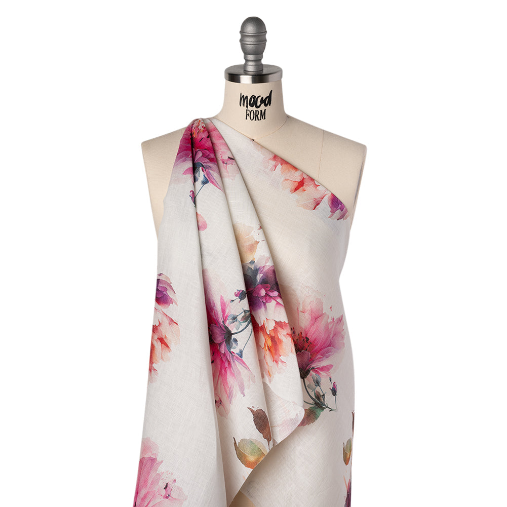 Medium Weight Linen Woven Print - Fuschia Pink on White Wild Roses
