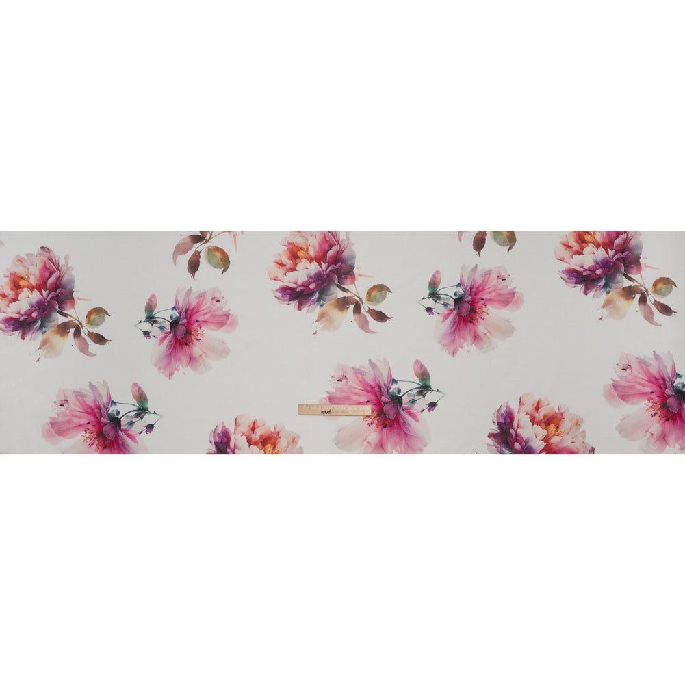 Medium Weight Linen Woven Print - Fuschia Pink on White Wild Roses