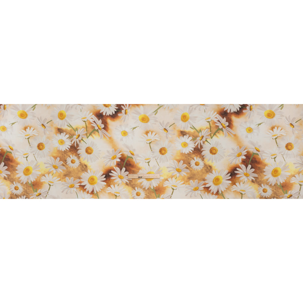 Medium Weight Linen Woven Print - Sun Yellow and White Daisies
