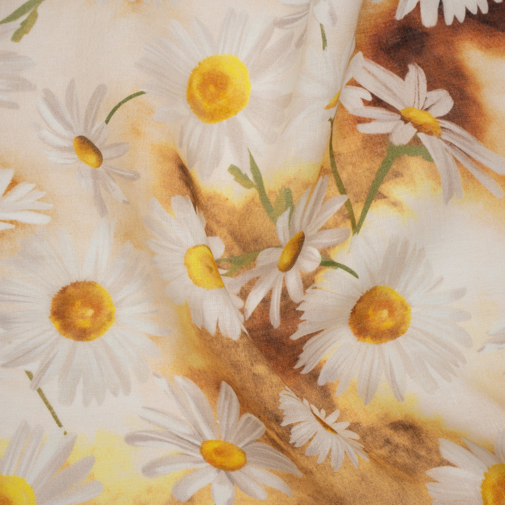 Medium Weight Linen Woven Print - Sun Yellow and White Daisies
