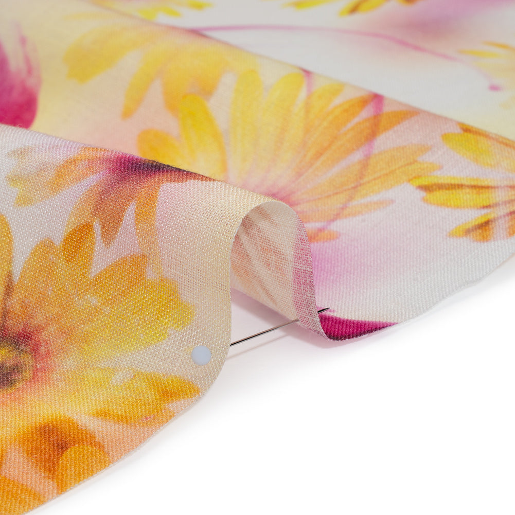 Medium Weight Linen Woven Print - Fuchsia Pink and Bright Yellow Sunflower Garden