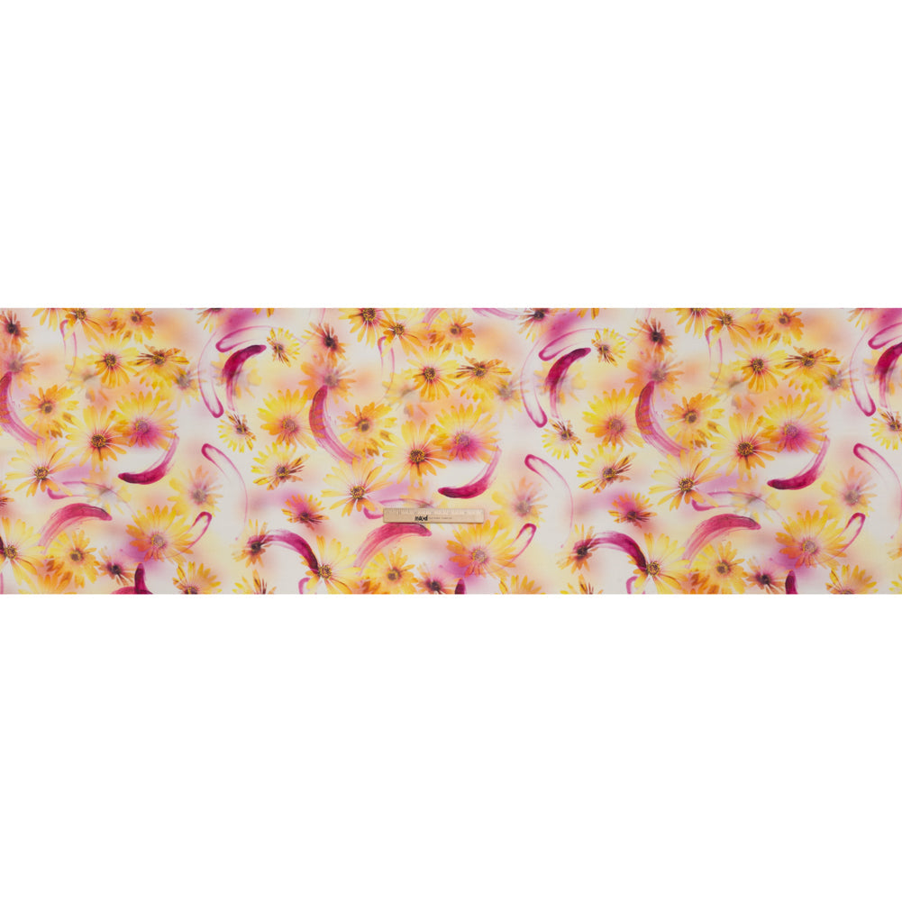 Medium Weight Linen Woven Print - Fuchsia Pink and Bright Yellow Sunflower Garden