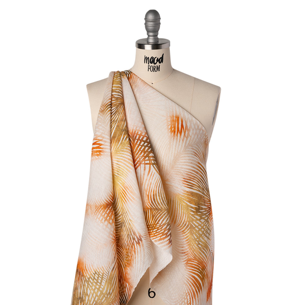 Medium Weight Linen Woven Print - Blush, Olive and White Illuminated Palm Leaves