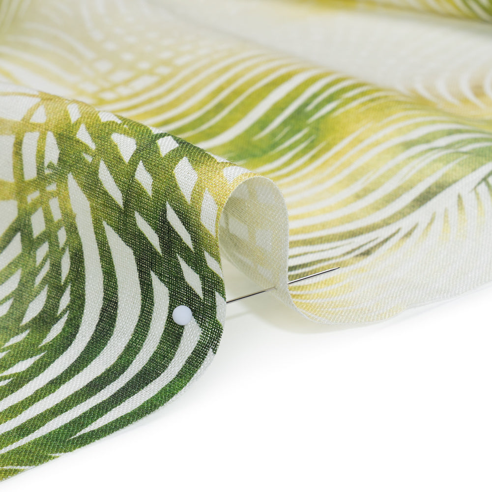 Medium Weight Linen Woven Print - Citrus Green, Yellow and White Illuminated Palm Leaves
