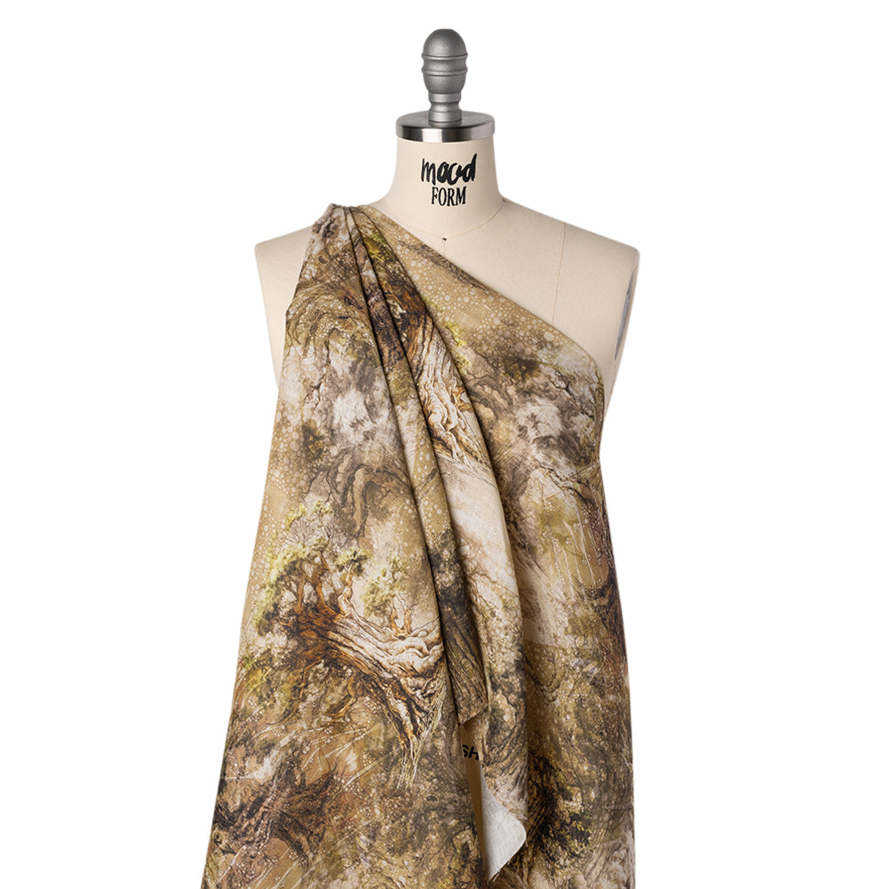 Medium Weight Linen Woven Print - Sand Beige and Green Giant Trees