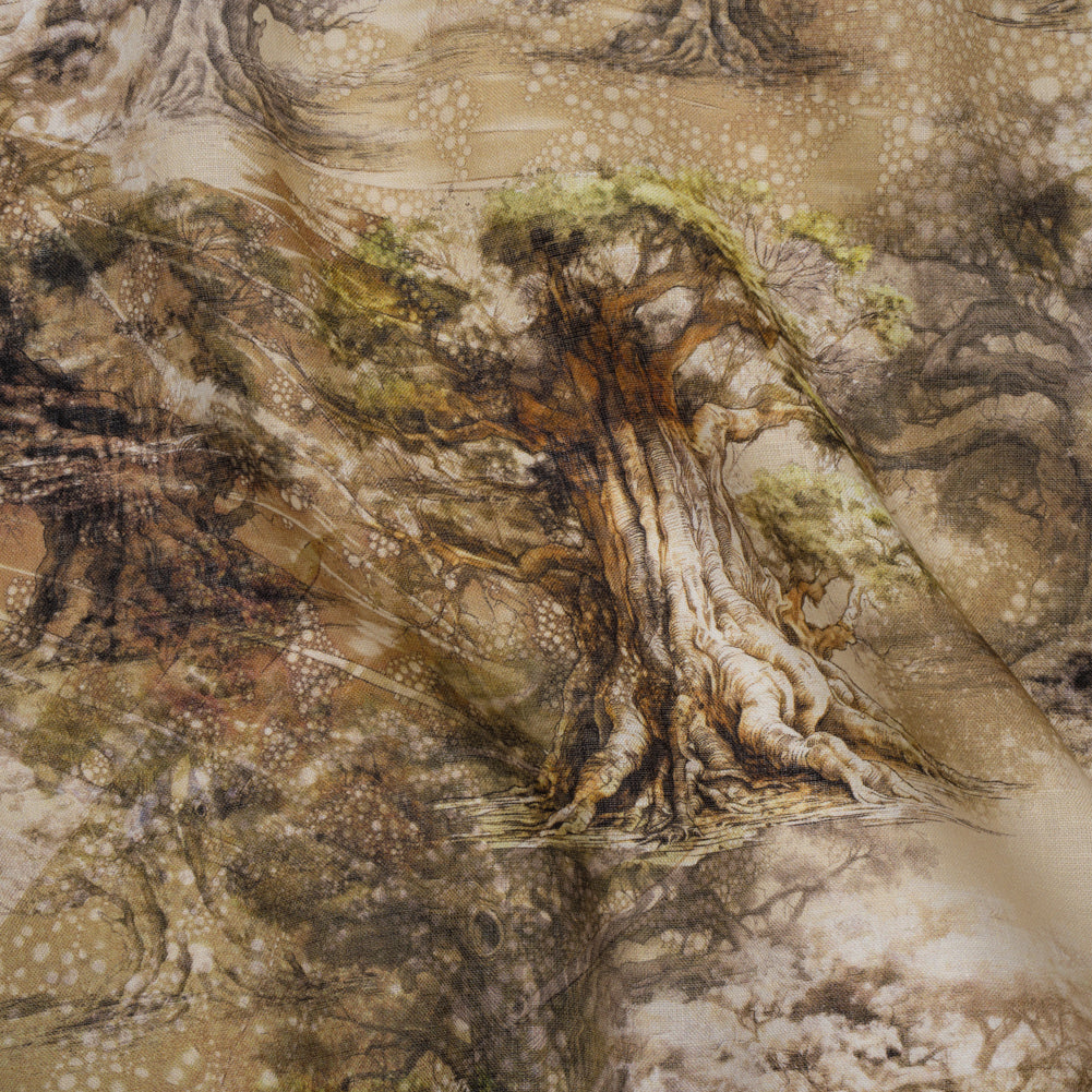 Medium Weight Linen Woven Print - Sand Beige and Green Giant Trees