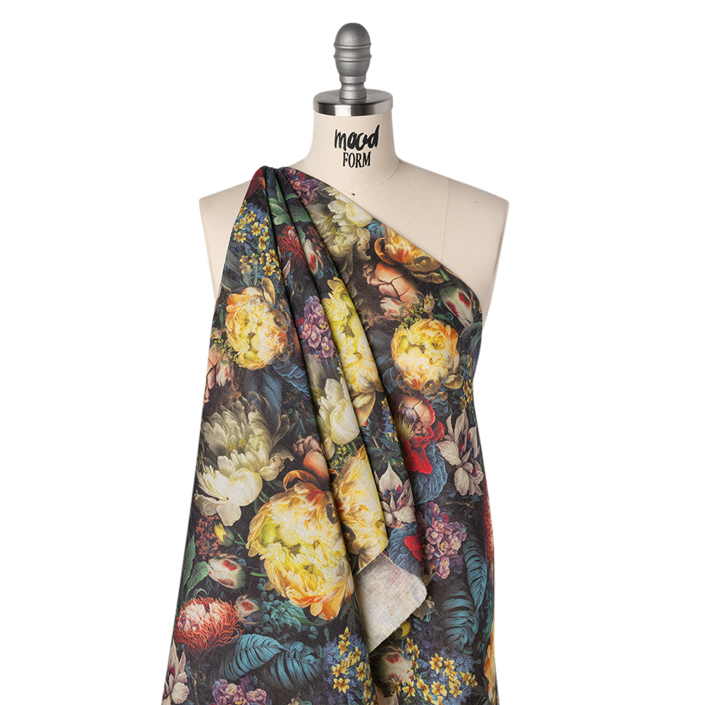 Medium Weight Linen Woven Print - Yellow, Red and Dark Green Mythical Garden