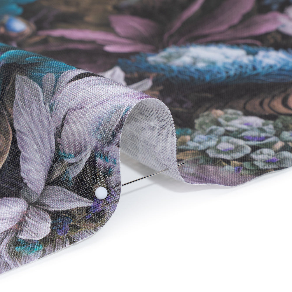 Medium Weight Linen Woven Print - Lilac, Dark Teal and Taupe Mythical Garden