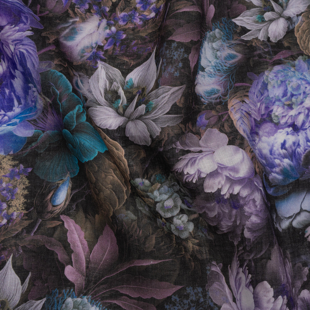 Medium Weight Linen Woven Print - Lilac, Dark Teal and Taupe Mythical Garden