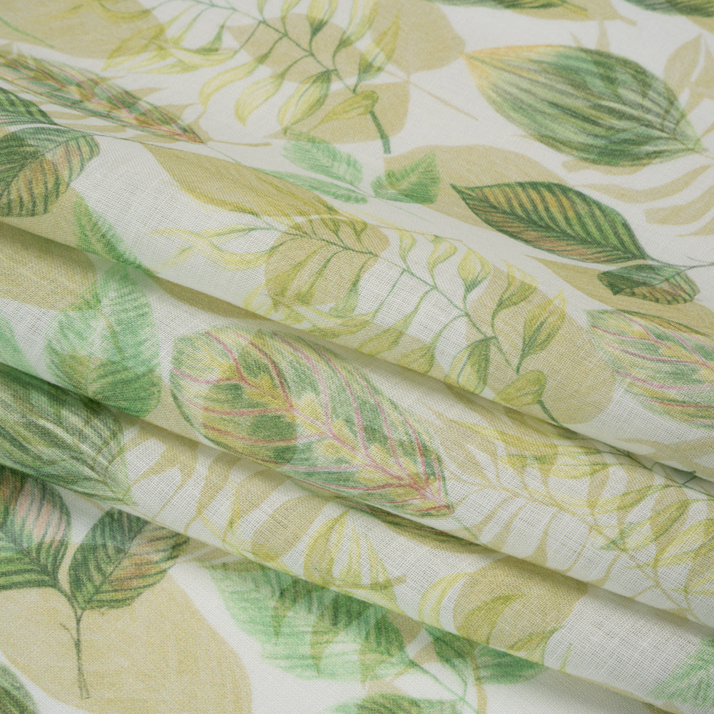 Medium Weight Linen Woven Print - Green on White Laying Leaves