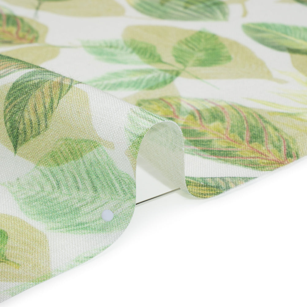 Medium Weight Linen Woven Print - Green on White Laying Leaves