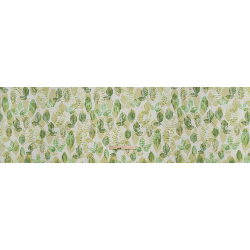 Medium Weight Linen Woven Print - Green on White Laying Leaves