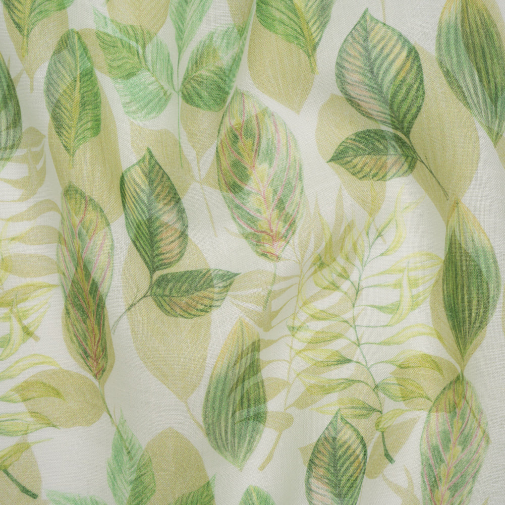 Medium Weight Linen Woven Print - Green on White Laying Leaves