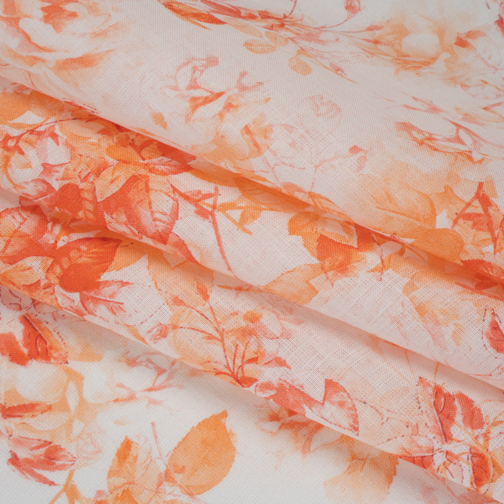 Medium Weight Linen Woven Print - Orange and Red on White Airy Leaves