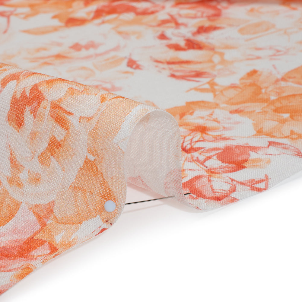 Medium Weight Linen Woven Print - Orange and Red on White Airy Leaves