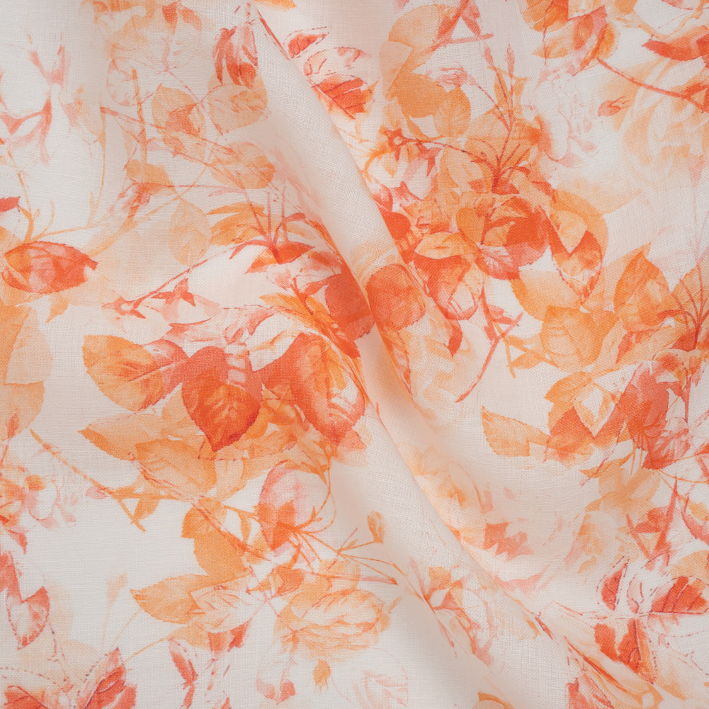 Medium Weight Linen Woven Print - Orange and Red on White Airy Leaves
