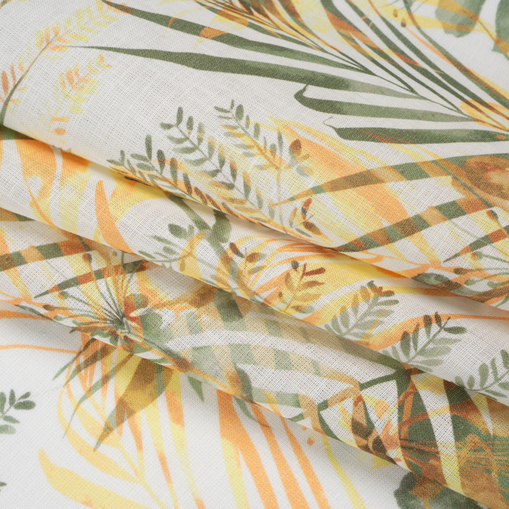 Medium Weight Linen Woven Print - Sage Green, Orange and White Elegant Palm Silhouettes