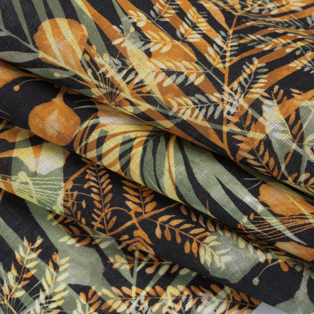 Medium Weight Linen Woven Print - Sage Green, Amber and Black Elegant Palm Silhouettes