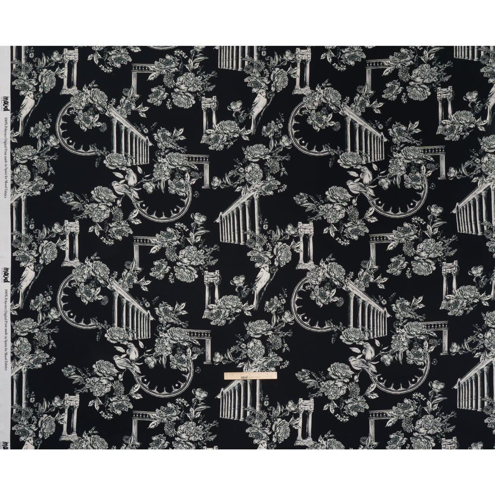 Polyester Satin - White on Black Flowers and Columns - Mood Exclusive Petal Pillars Print