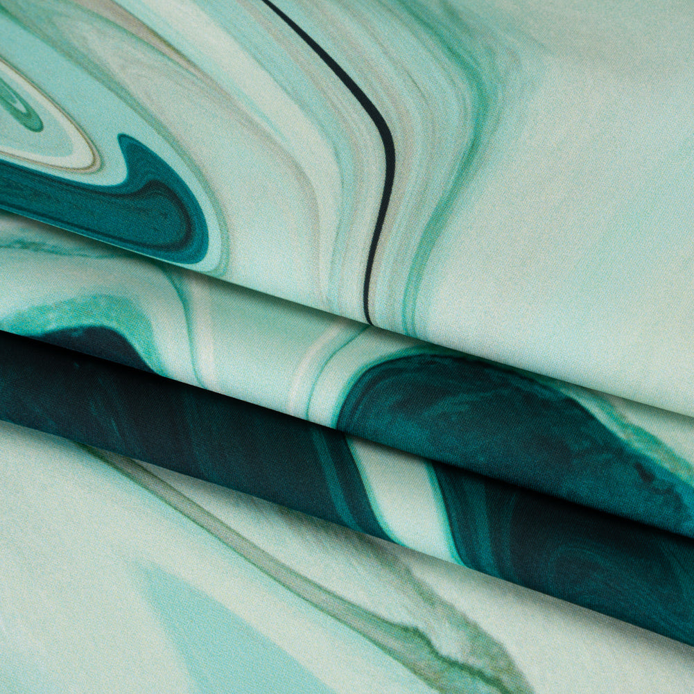 Polyester Satin - Sea Green and Beige Liquid Swirls - Mood Exclusive Liquid Motion Print