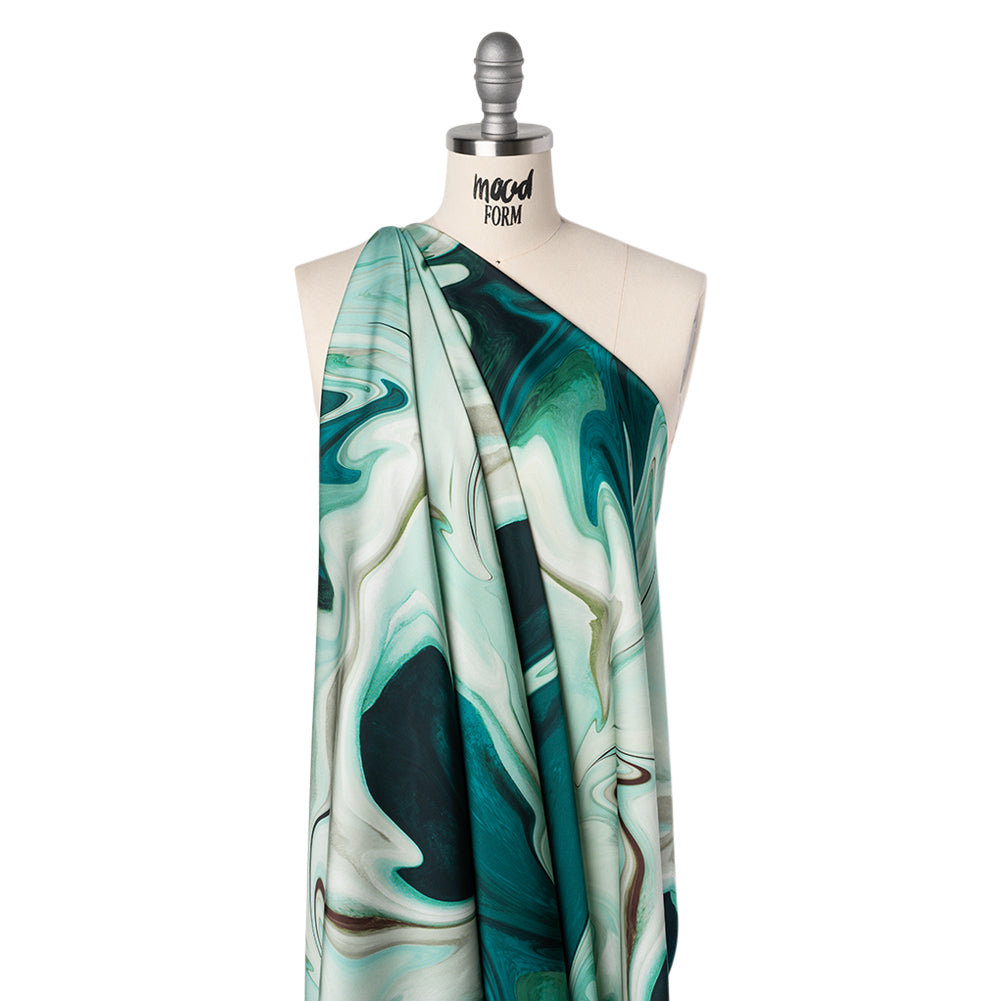 Polyester Satin - Sea Green and Beige Liquid Swirls - Mood Exclusive Liquid Motion Print