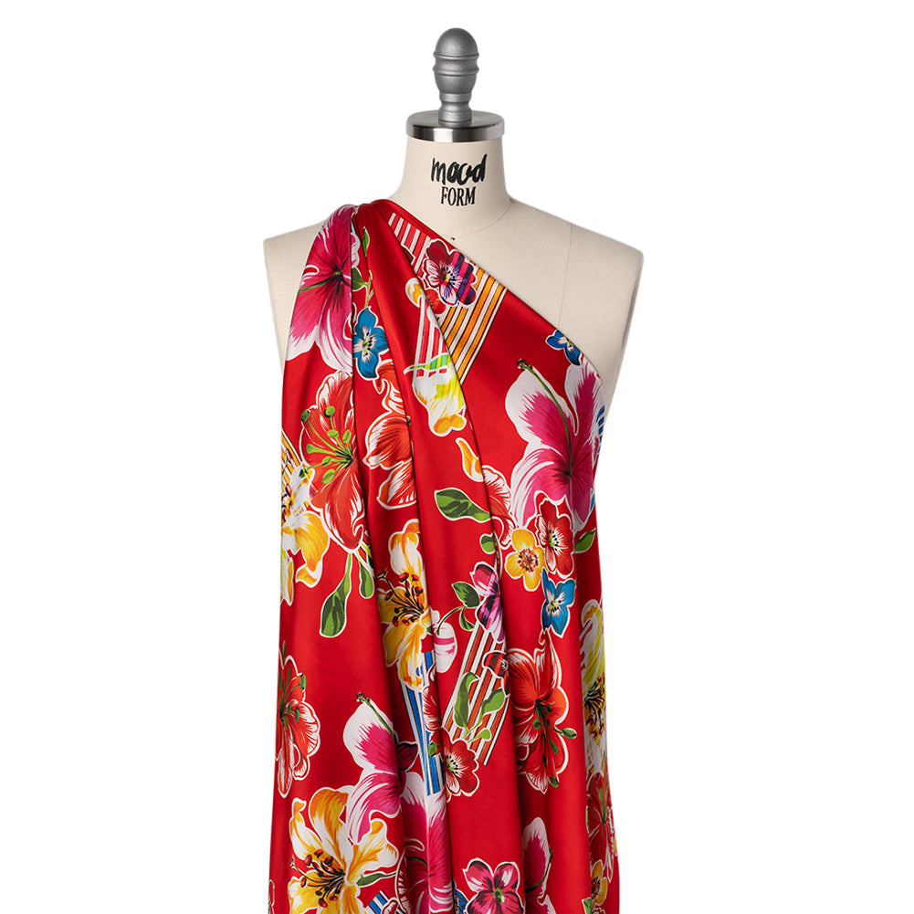 Polyester Satin - Red, Yellow and Blue Flowers and Striped Blocks - Mood Exclusive Linear Bloom Print
