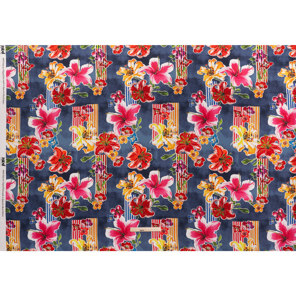 Polyester Satin - Navy Blue, Red and Pink Flowers and Striped Blocks - Mood Exclusive Linear Bloom Print