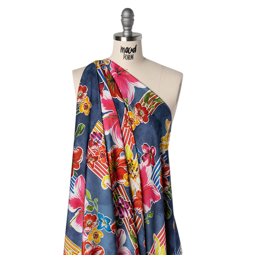 Polyester Satin - Navy Blue, Red and Pink Flowers and Striped Blocks - Mood Exclusive Linear Bloom Print
