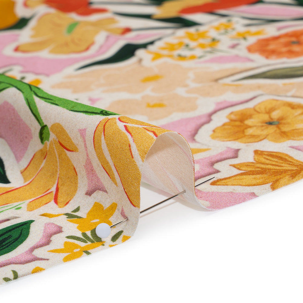 Polyester Satin - Pink, Green and Orange Flowers Collage - Mood Exclusive Clipped Botanicals Print