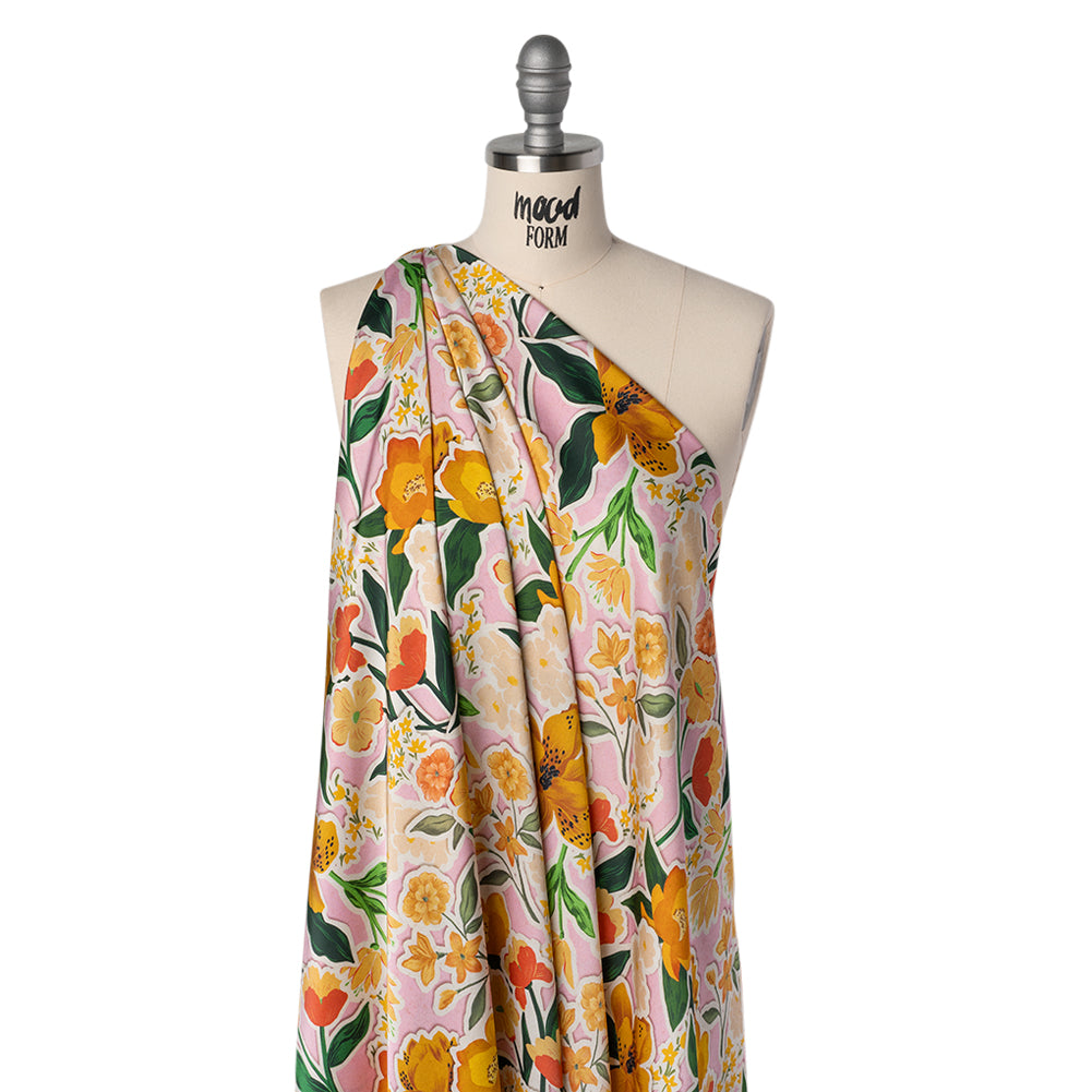 Polyester Satin - Pink, Green and Orange Flowers Collage - Mood Exclusive Clipped Botanicals Print