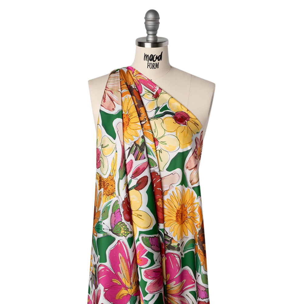Polyester Satin - Green, Pink and Yellow Flower Sketches - Mood Exclusive Brushlight Blossoms Print
