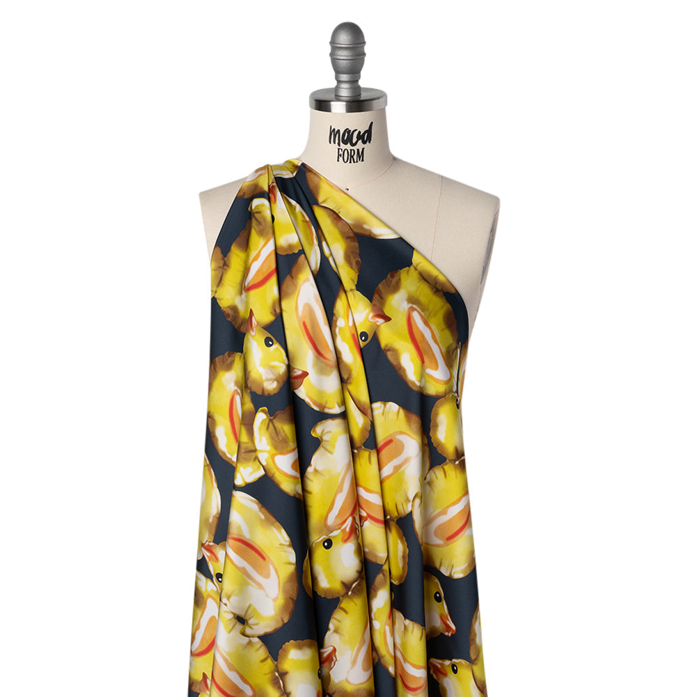 Polyester Satin - Yellow and Navy Large Rubber Ducky Balloons - Mood Exclusive Puffed Pond Print
