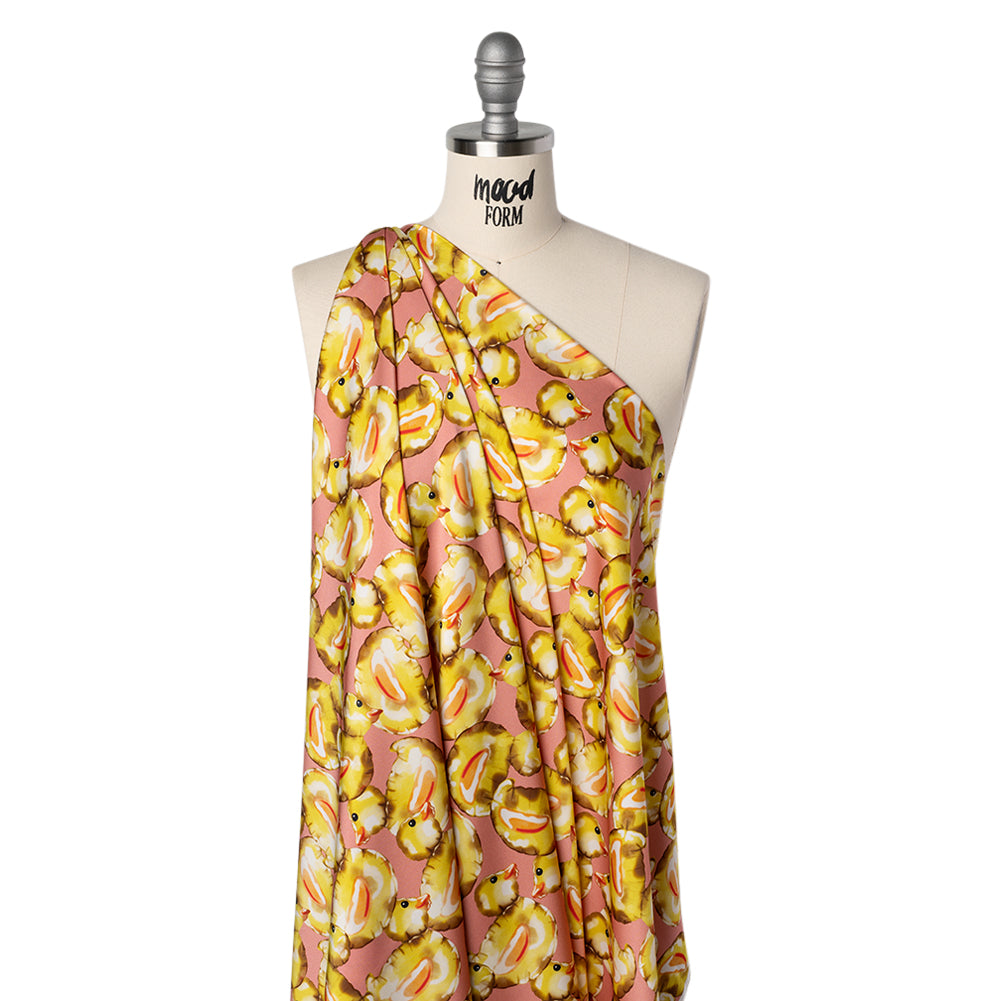 Polyester Satin - Yellow and Rose Pink Small Rubber Ducky Balloons - Mood Exclusive Puffed Pond Print