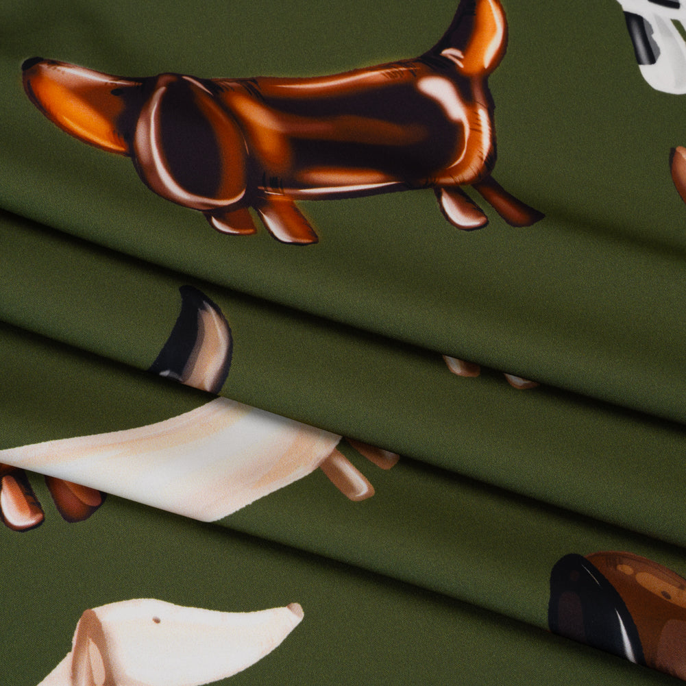 Polyester Satin - Brown, White and Olive Green Puppy Balloons - Mood Exclusive Dachshund Drift Print