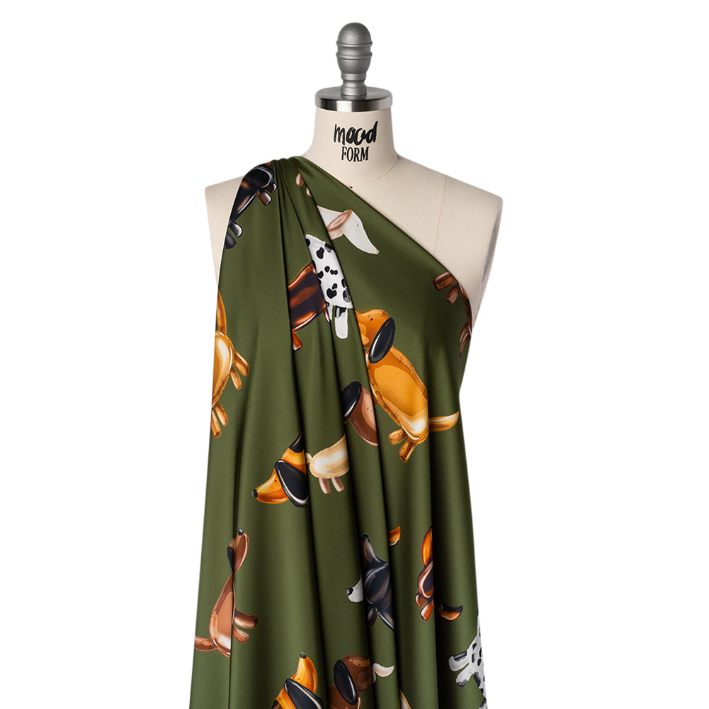 Polyester Satin - Brown, White and Olive Green Puppy Balloons - Mood Exclusive Dachshund Drift Print