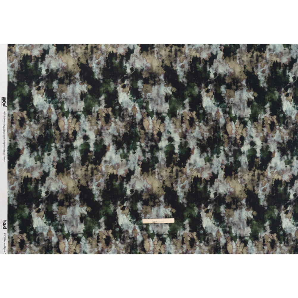 Polyester Satin - Forest Green, Beige and Muted Pale Blue Abstract Painting - Mood Exclusive Earthtone Flow Print