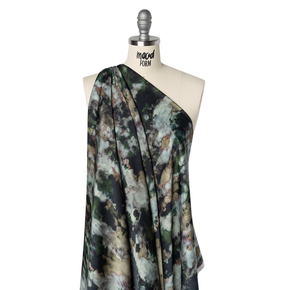Polyester Satin - Forest Green, Beige and Muted Pale Blue Abstract Painting - Mood Exclusive Earthtone Flow Print