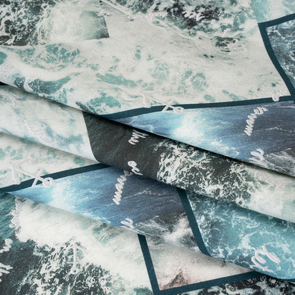 Brushed Cotton Woven - Blue and Gray Ocean Waves Collage - Mood Exclusive Currents & Cursive Print