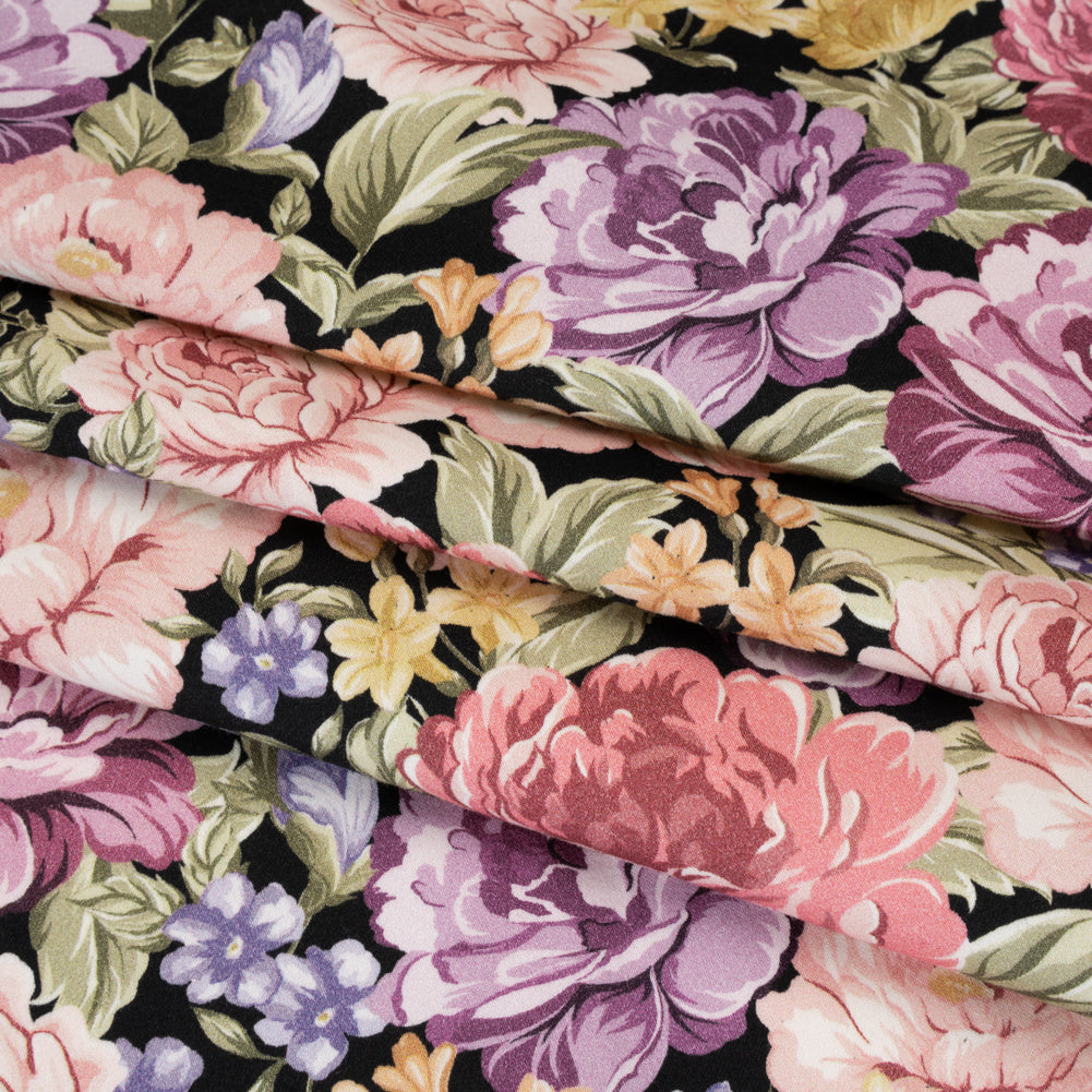 Brushed Cotton Woven - Rose Pink, Purple and Black Blooming Flowers - Mood Exclusive Tender Bloom Print