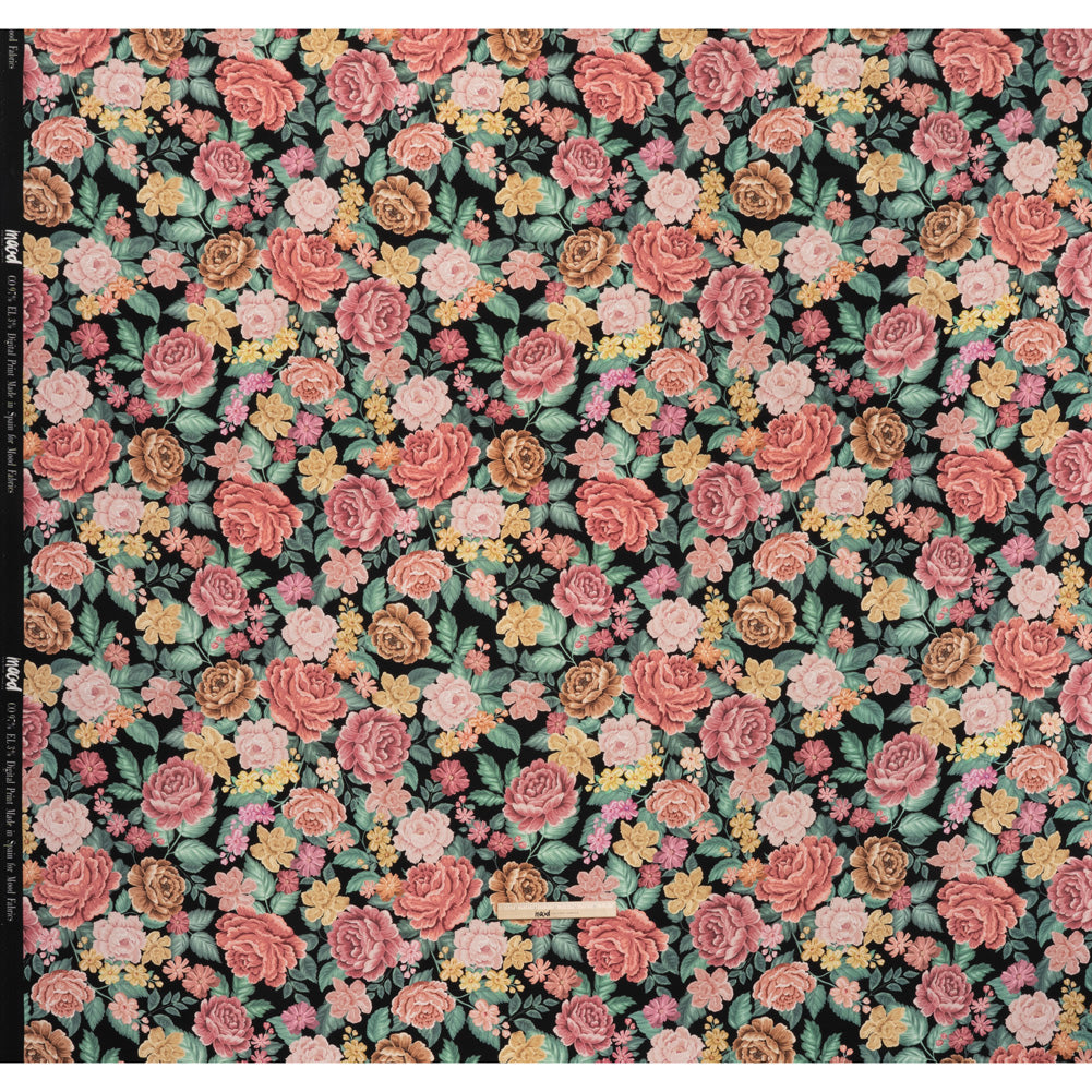 Brushed Cotton Woven - Coral Pink, Yellow and Green Flowers on Black - Mood Exclusive Briar Lane Print