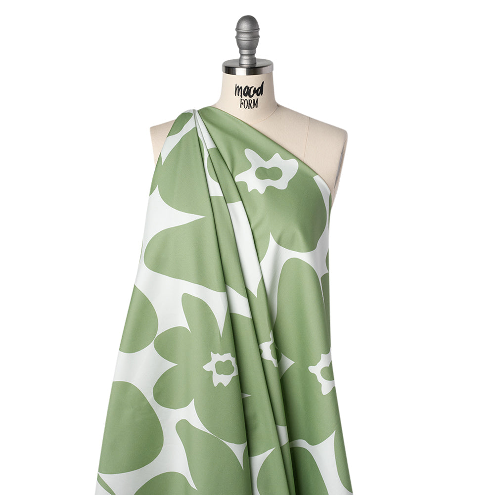 Brushed Cotton Woven - White and Sage Green Big Simple Flowers - Mood Exclusive Floral Figures Print
