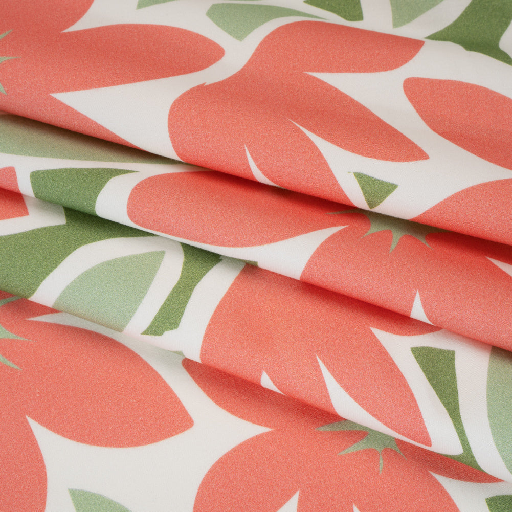 Brushed Cotton Woven - Coral Rose, Sage and Basil Green Flat Flowers - Mood Exclusive Bloom Block Print