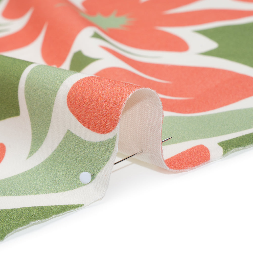Brushed Cotton Woven - Coral Rose, Sage and Basil Green Flat Flowers - Mood Exclusive Bloom Block Print