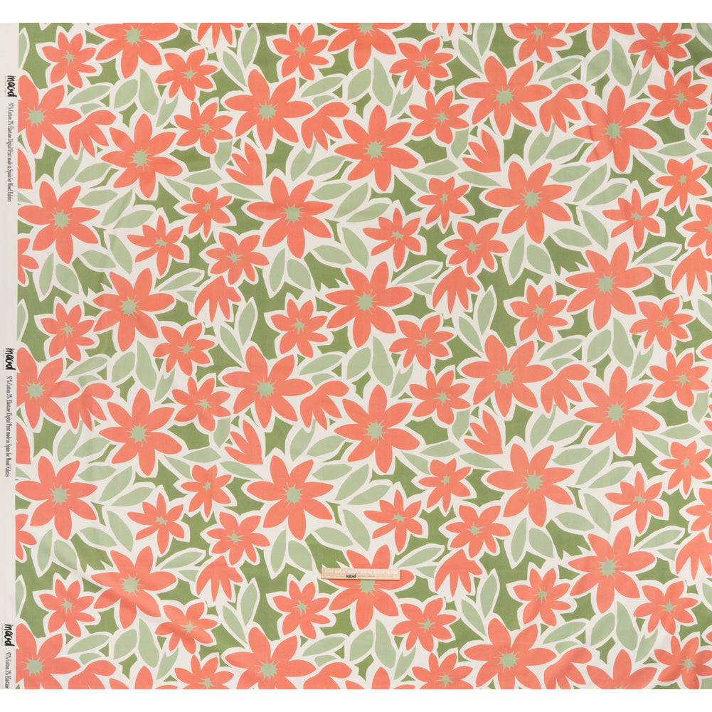 Brushed Cotton Woven - Coral Rose, Sage and Basil Green Flat Flowers - Mood Exclusive Bloom Block Print