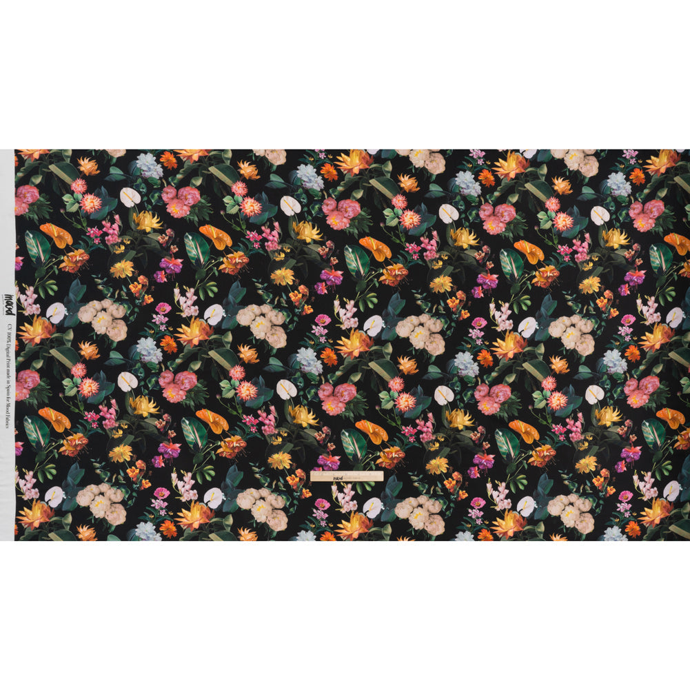 Rayon Challis - Black, Green and Orange Rainforest Flowers - Mood Exclusive Rainforest Reverie Print