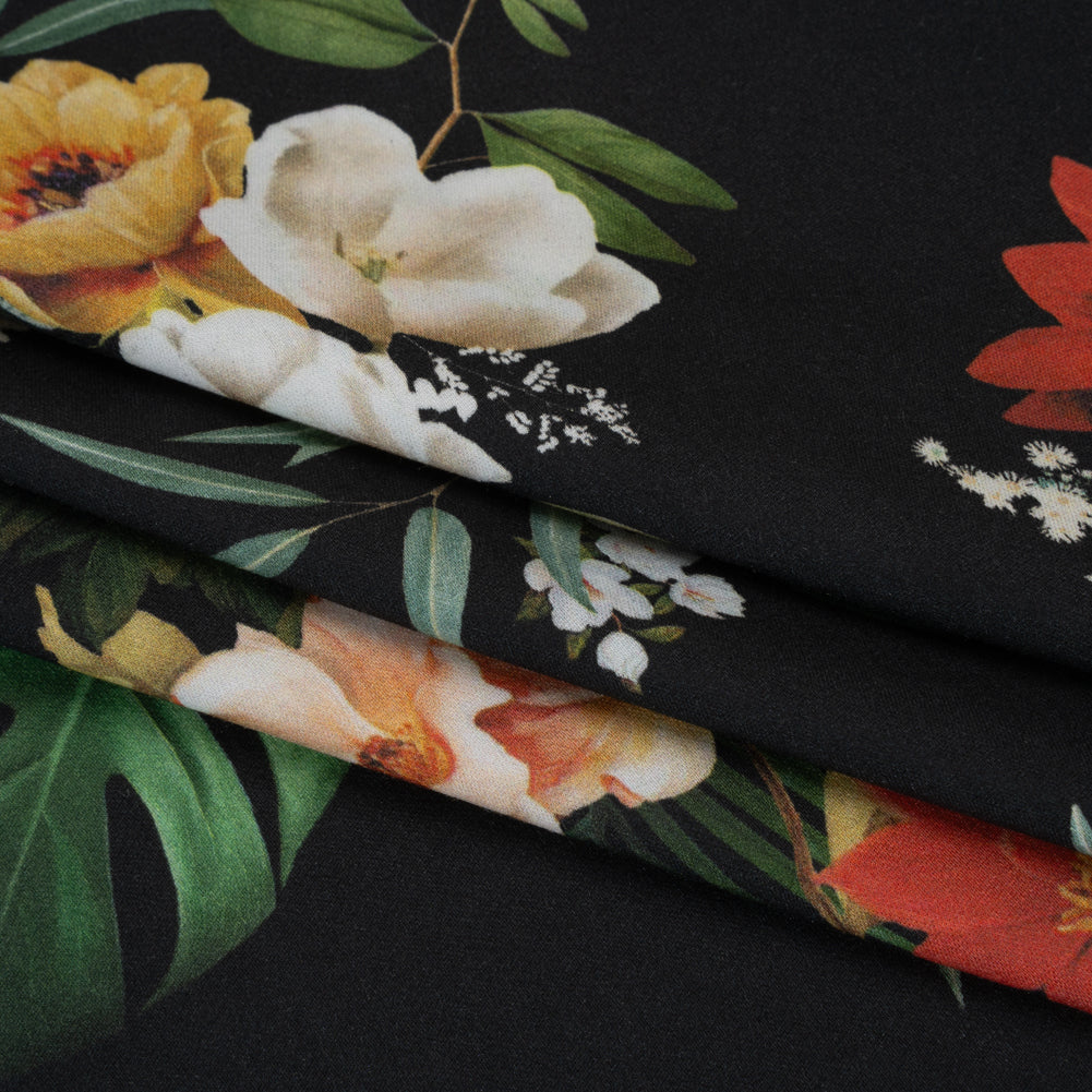 Rayon Challis - Red, Yellow and Green Tropical Flowers - Mood Exclusive Island Bloom Print