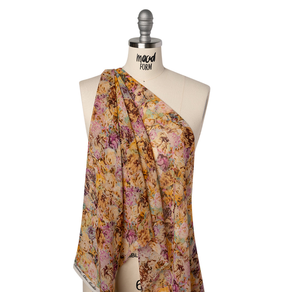 Silk Voile Print Made in Italy - Pink, Yellow and Brown Painterly Flowers - Deadstock
