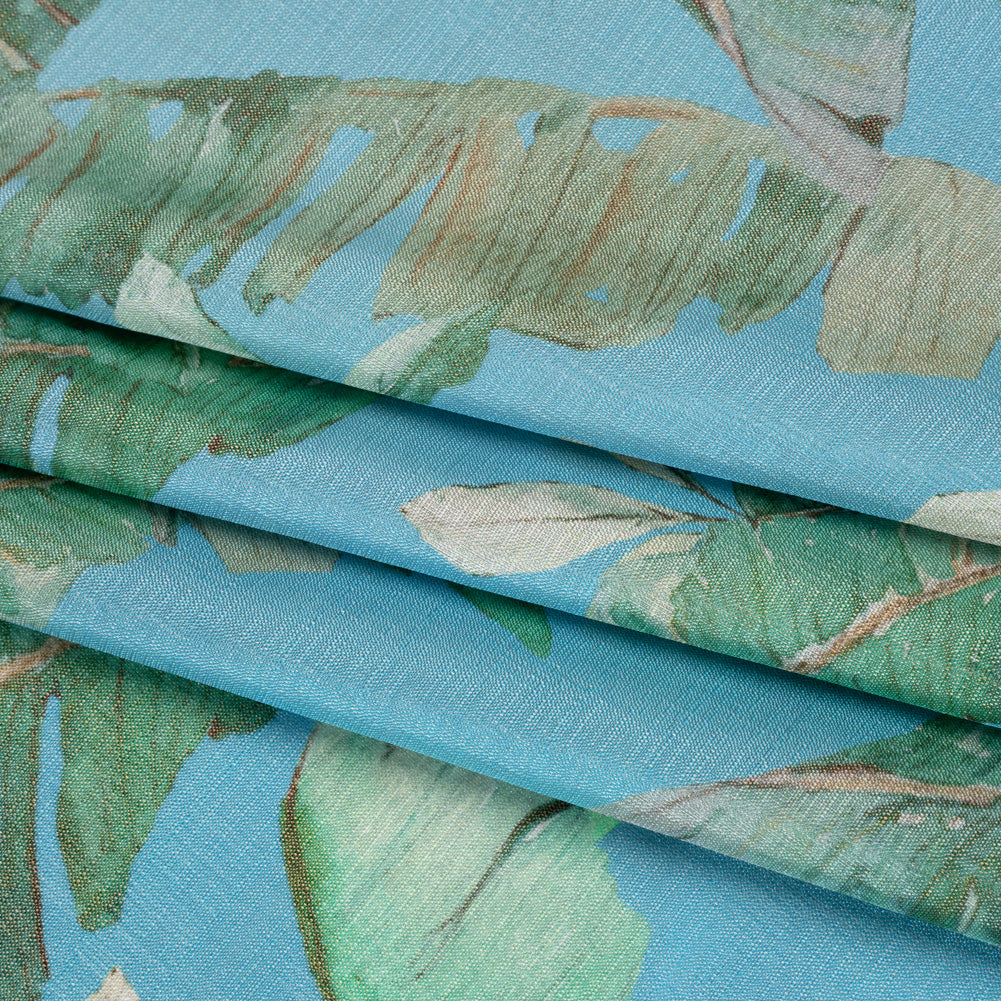 Textured Silk Woven Print Made in Italy - Sky Blue, Green and Beige Palm Leaves - Deadstock